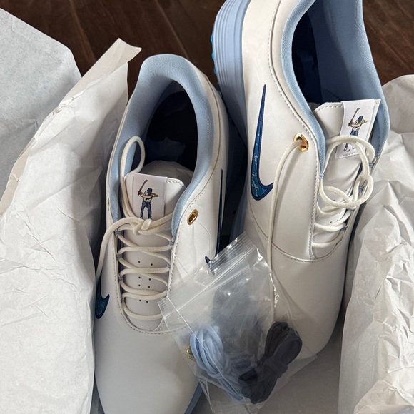Nike White Golf Shoes with Light Blue Interior and Navy Swoosh